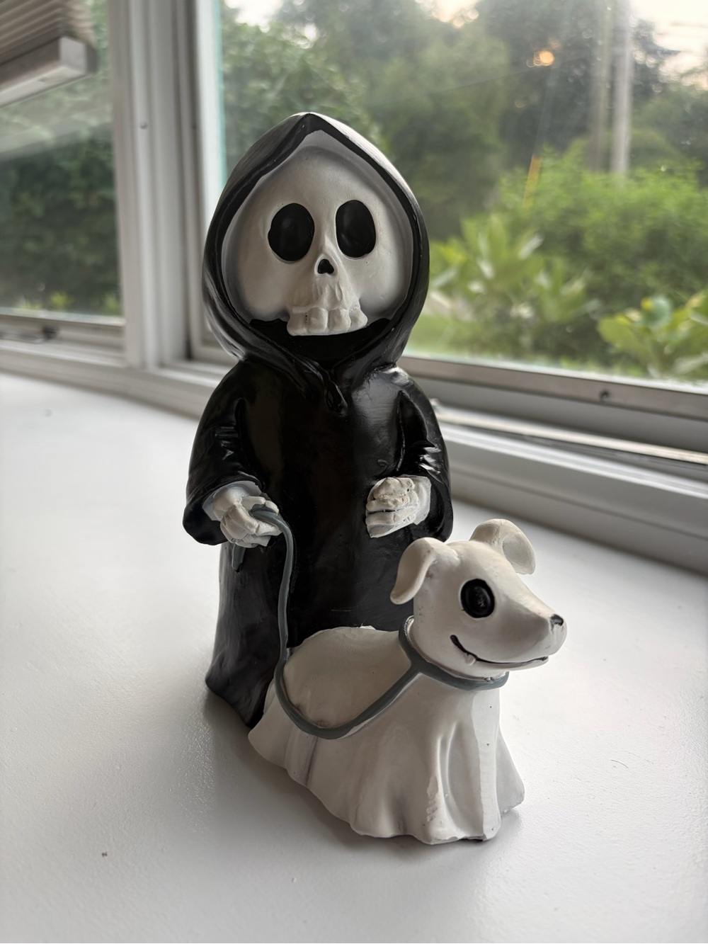 Adorable Spooky Grim Reaper Walking His Dog Figurine